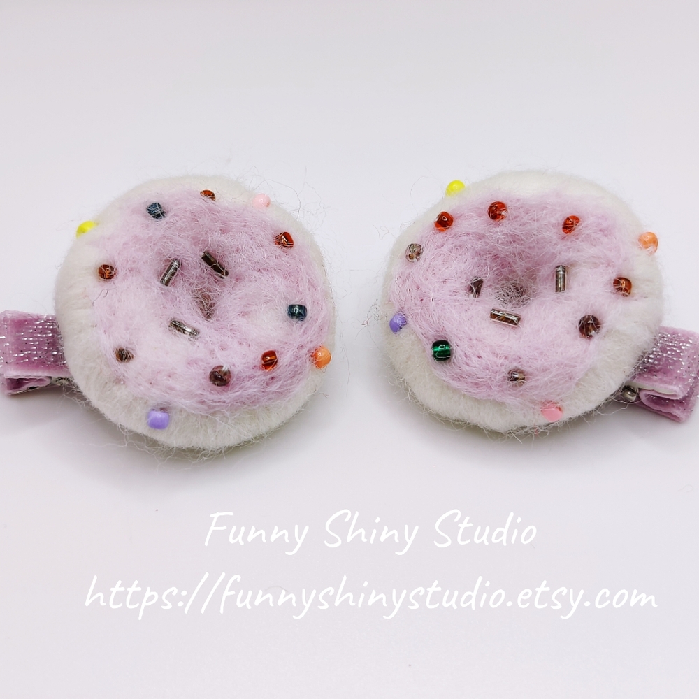 Wool Felt Purple Donuts Hair Clips. Set of 2 Pcs